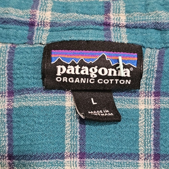 Patagonia Large Blue Green Worn Wear Short Sleeve Button Shirt Outdoor Preppy - Picture 5 of 7